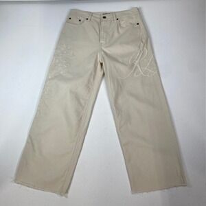 LAUREN Ralph Lauren‎ Embroidered Beaded Jeans Womens 4 Cream Wide Leg Frayed Hem
